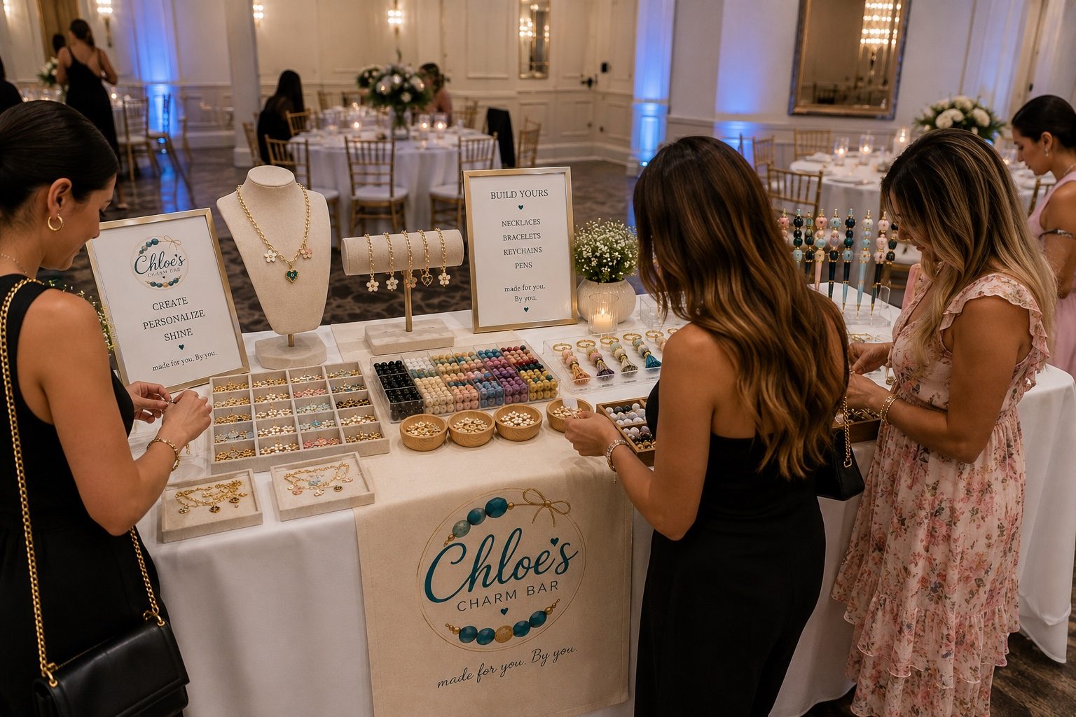 Guests enjoying Chloe's Charm Bar at an elegant event